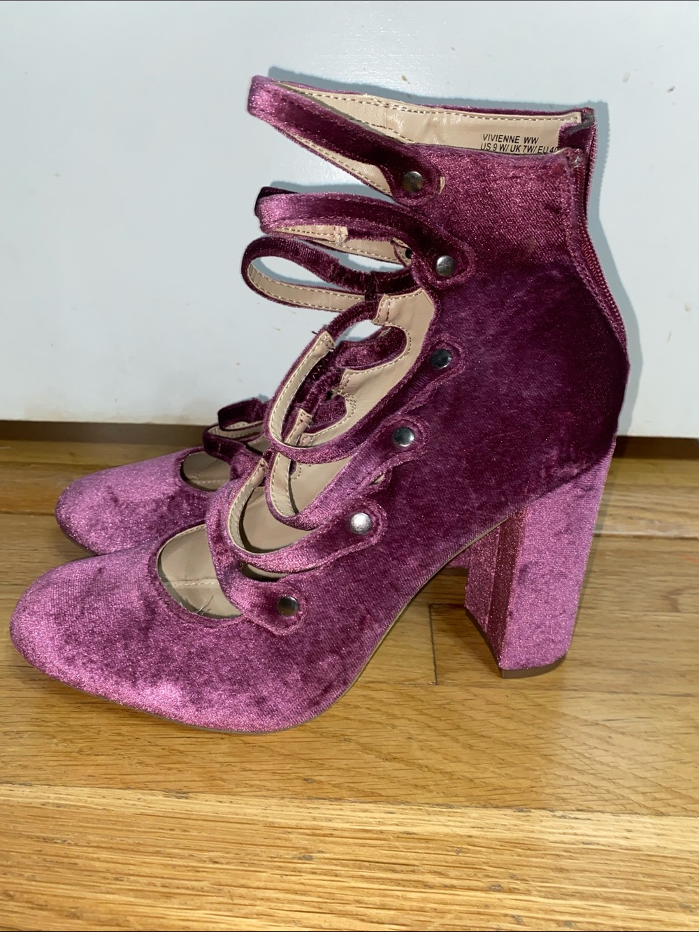 JustFab Plum Velvet Lace-Up Block Heel Sandals